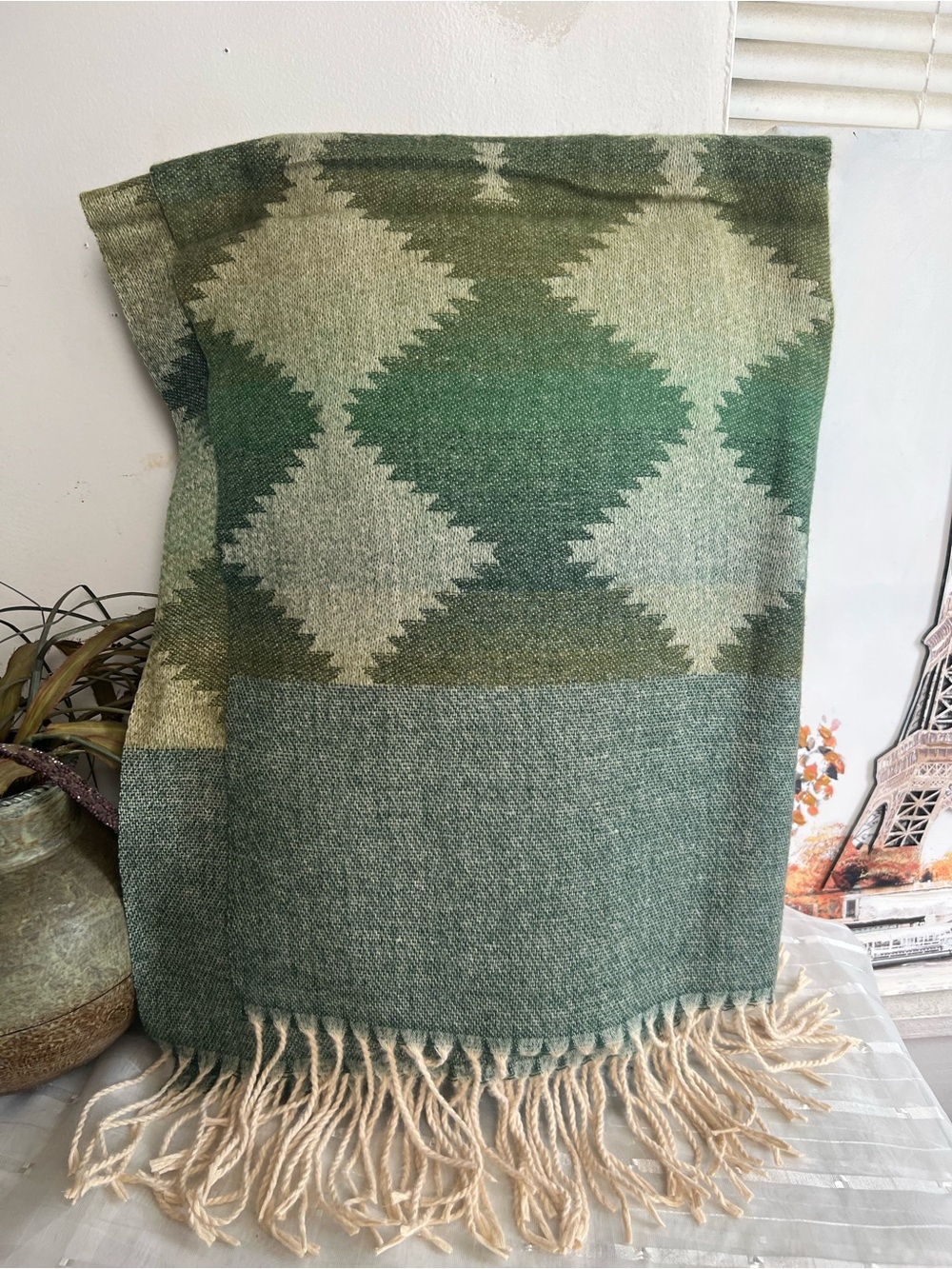 Green Geometric Fringe Throw Blanket Cashmere Shawl